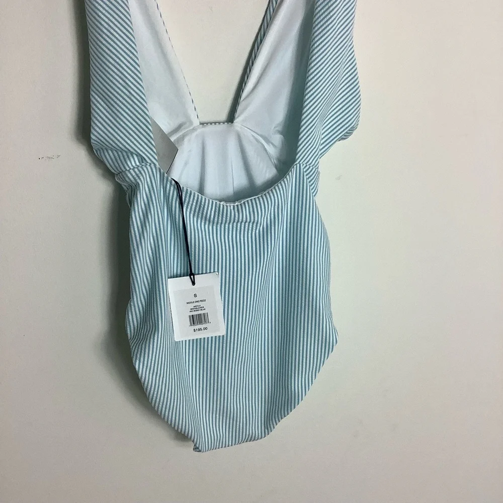 Onia Deep Vee Seersucker Blue one piece Swimsuit